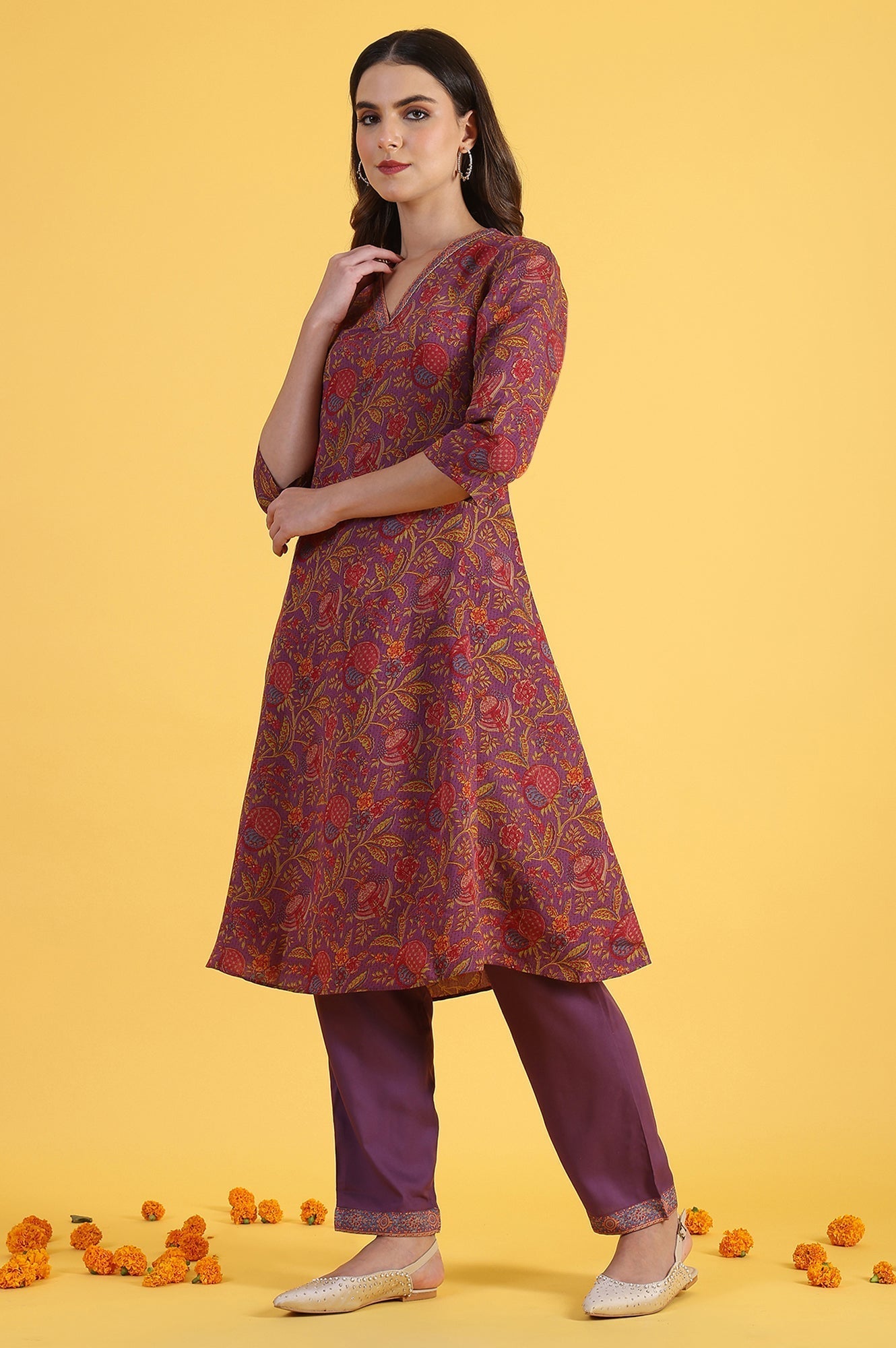W for Woman Purple Printed Flarred A-Line Kurta & Straight pant with Dupatta Set