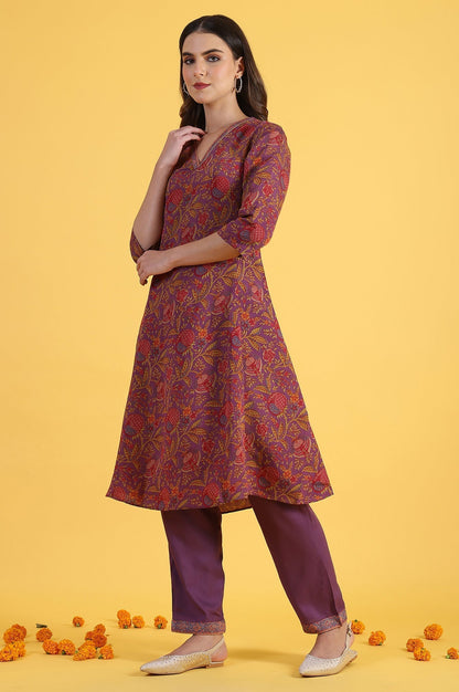 W for Woman Purple Printed Flarred A-Line Kurta & Straight pant with Dupatta Set