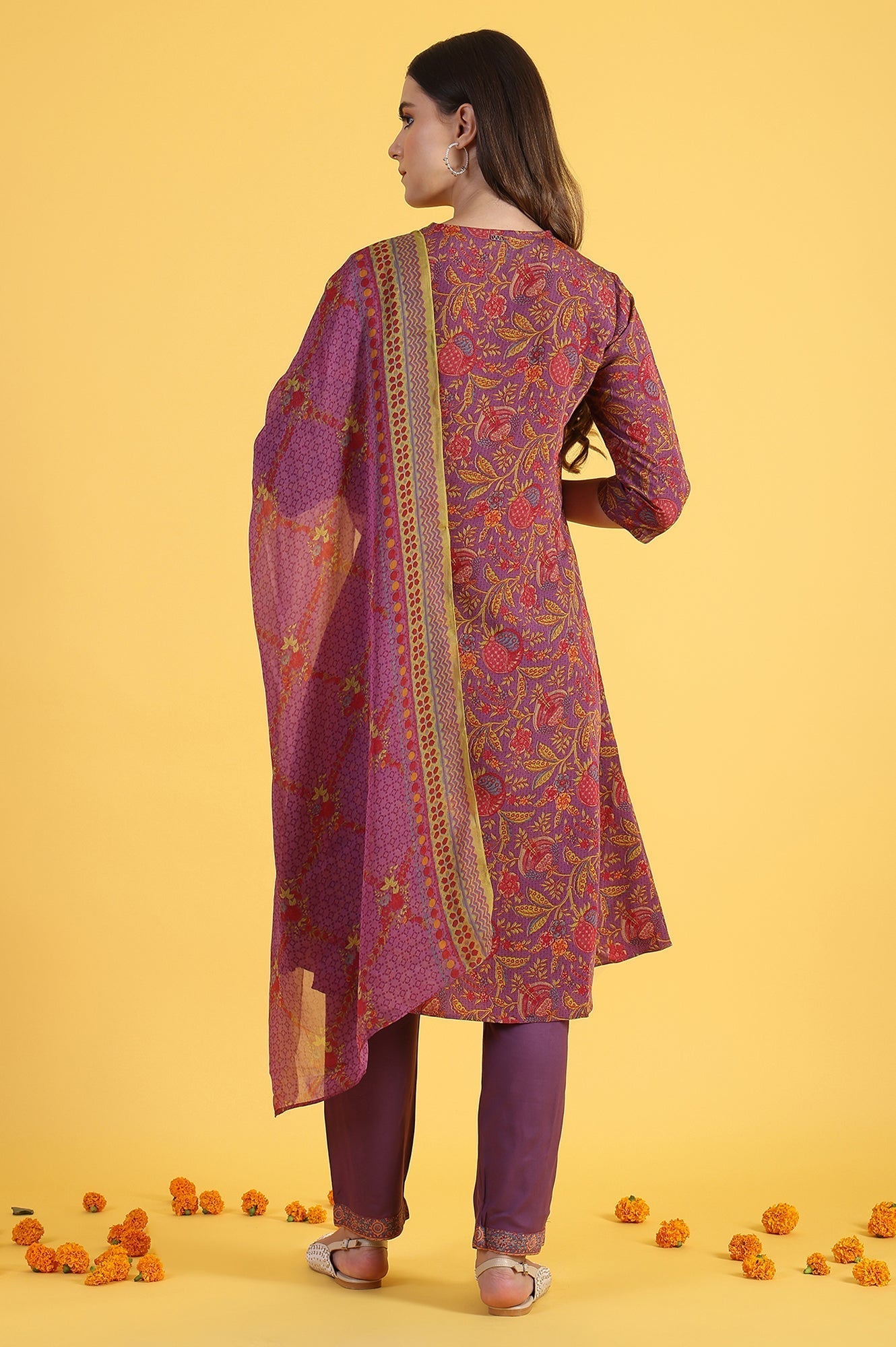 W for Woman Purple Printed Flarred A-Line Kurta & Straight pant with Dupatta Set