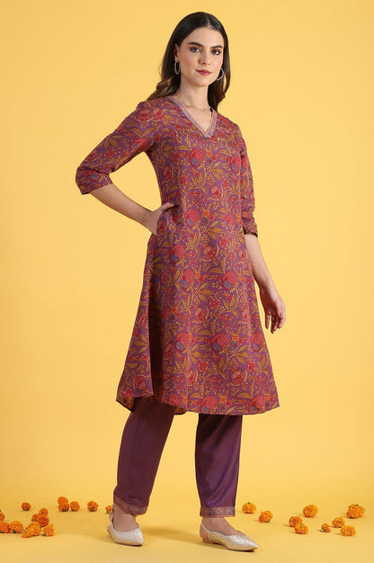 W for Woman Purple Printed Flarred A-Line Kurta & Straight pant with Dupatta Set