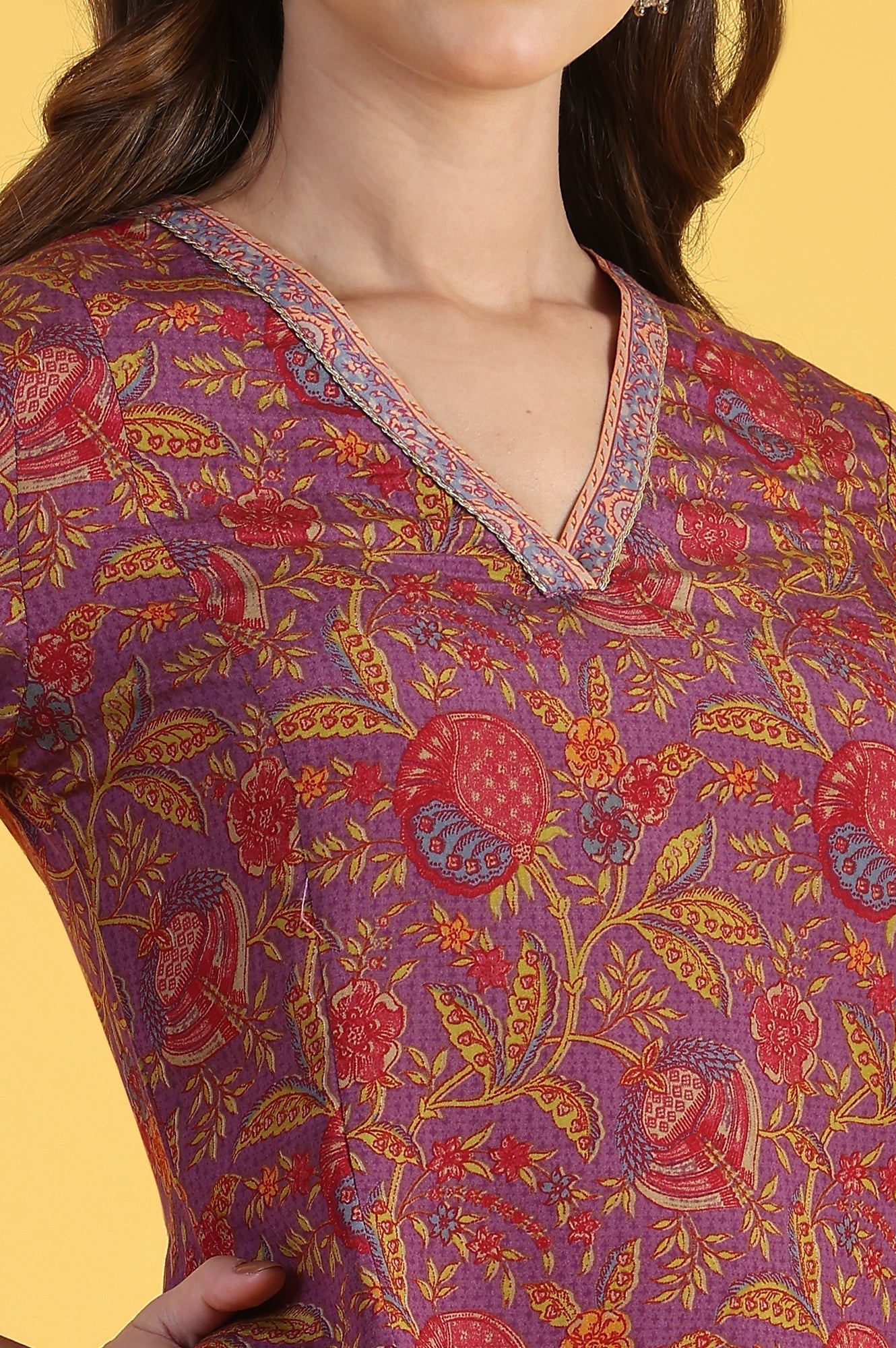 W for Woman Purple Printed Flarred A-Line Kurta & Straight pant with Dupatta Set