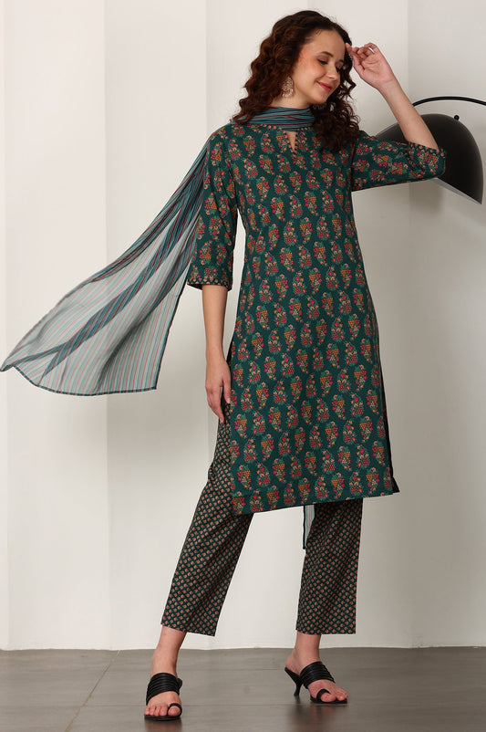 W for Woman Bottle Green Floral Printed Pure Cotton Kurta, Pants And Dupatta Set