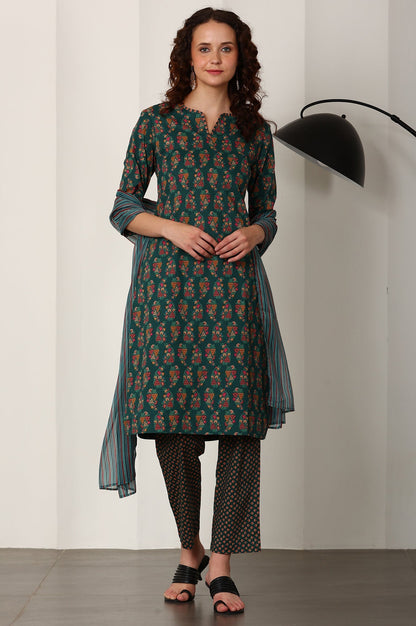 W for Woman Bottle Green Floral Printed Pure Cotton Kurta, Pants And Dupatta Set