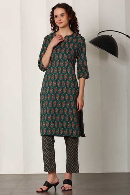 W for Woman Bottle Green Floral Printed Pure Cotton Kurta, Pants And Dupatta Set