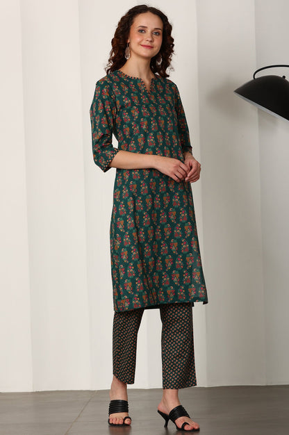 W for Woman Bottle Green Floral Printed Pure Cotton Kurta, Pants And Dupatta Set