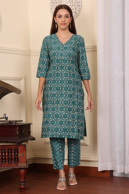 W for Woman Forest Green Geometric Printed Rayon Straight Kurta And Pants Co-Ord Set