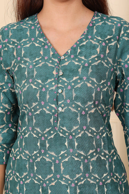 W for Woman Forest Green Geometric Printed Rayon Straight Kurta And Pants Co-Ord Set
