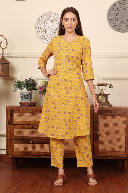 W for Woman Yellow Floral Printed Pure Cotton Kurta And Pants Co-Ord Set