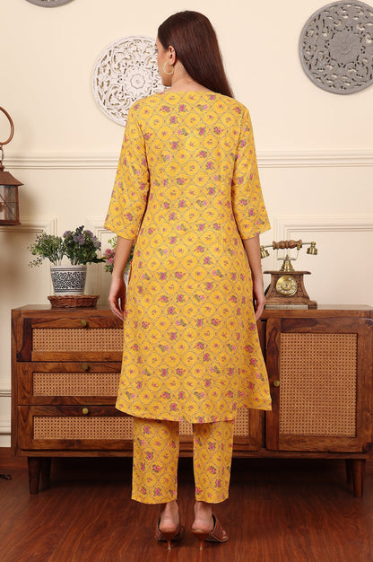 W for Woman Yellow Floral Printed Pure Cotton Kurta And Pants Co-Ord Set