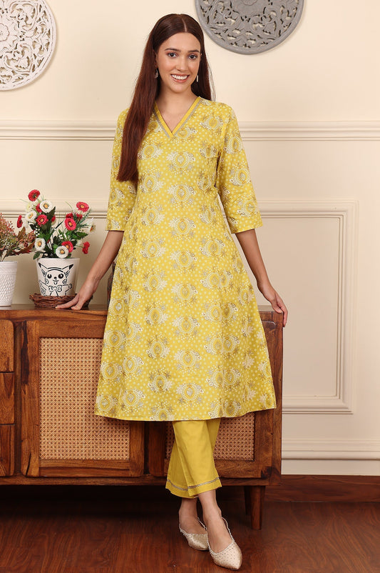 W for Woman Custard Yellow Floral Printed Embroidered A-Line Pure Cotton Kurta And Pants Co-Ord Set