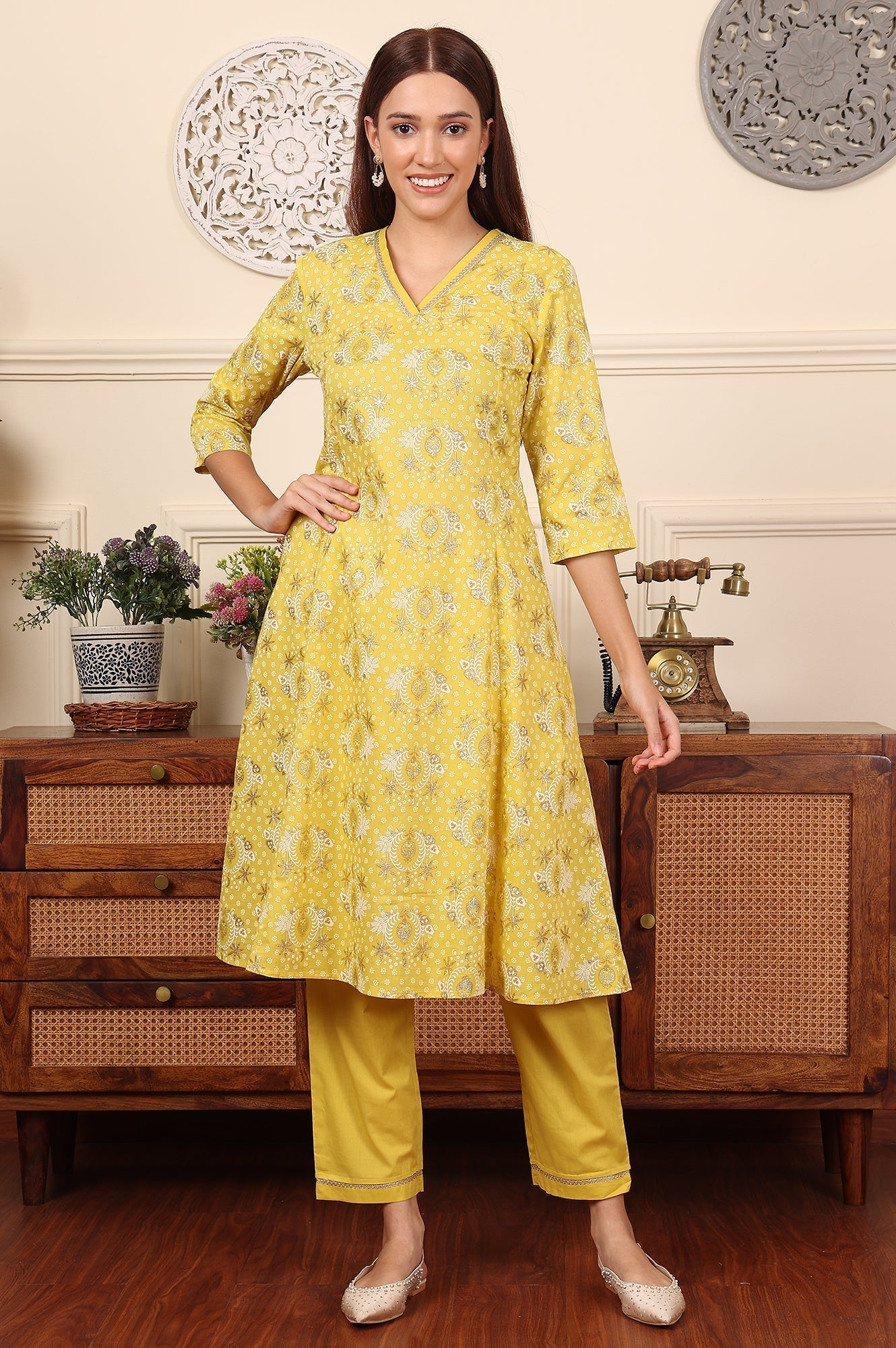 W for Woman Custard Yellow Floral Printed Embroidered A-Line Pure Cotton Kurta And Pants Co-Ord Set
