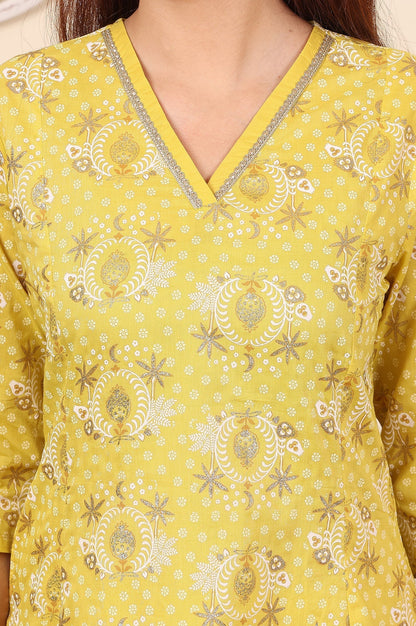 W for Woman Custard Yellow Floral Printed Embroidered A-Line Pure Cotton Kurta And Pants Co-Ord Set