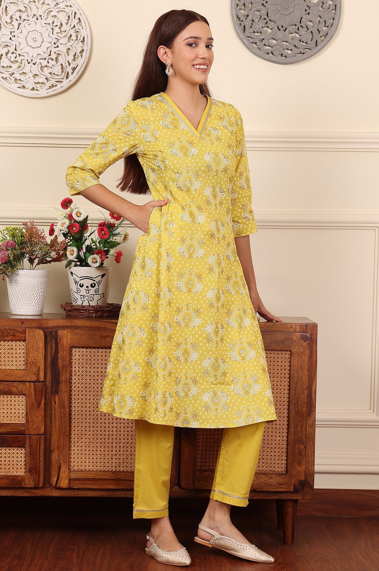 W for Woman Custard Yellow Floral Printed Embroidered A-Line Pure Cotton Kurta And Pants Co-Ord Set