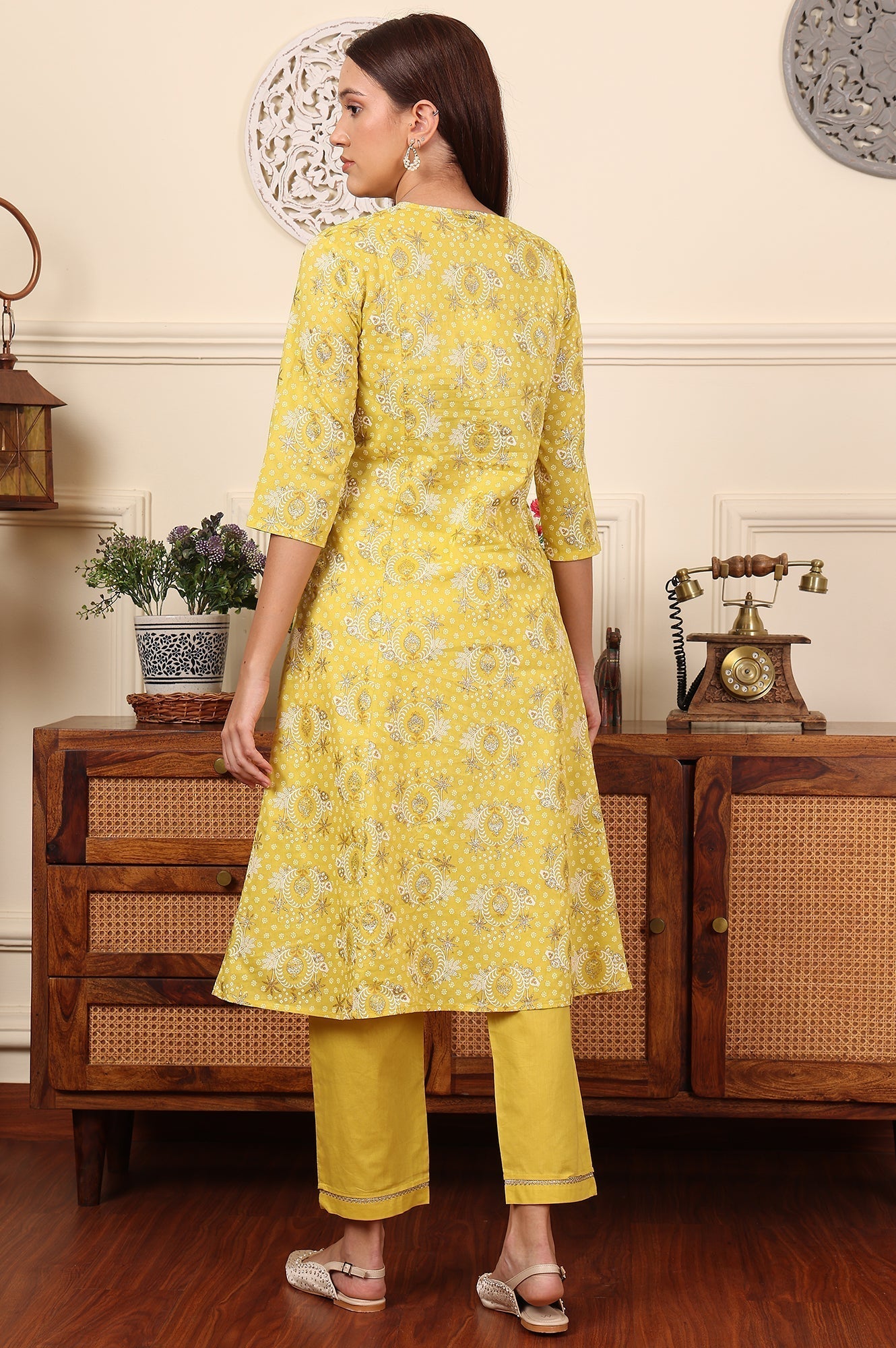 W for Woman Custard Yellow Floral Printed Embroidered A-Line Pure Cotton Kurta And Pants Co-Ord Set