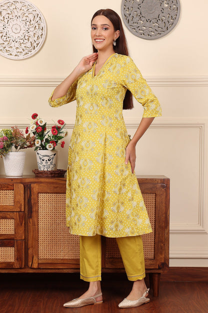 W for Woman Custard Yellow Floral Printed Embroidered A-Line Pure Cotton Kurta And Pants Co-Ord Set