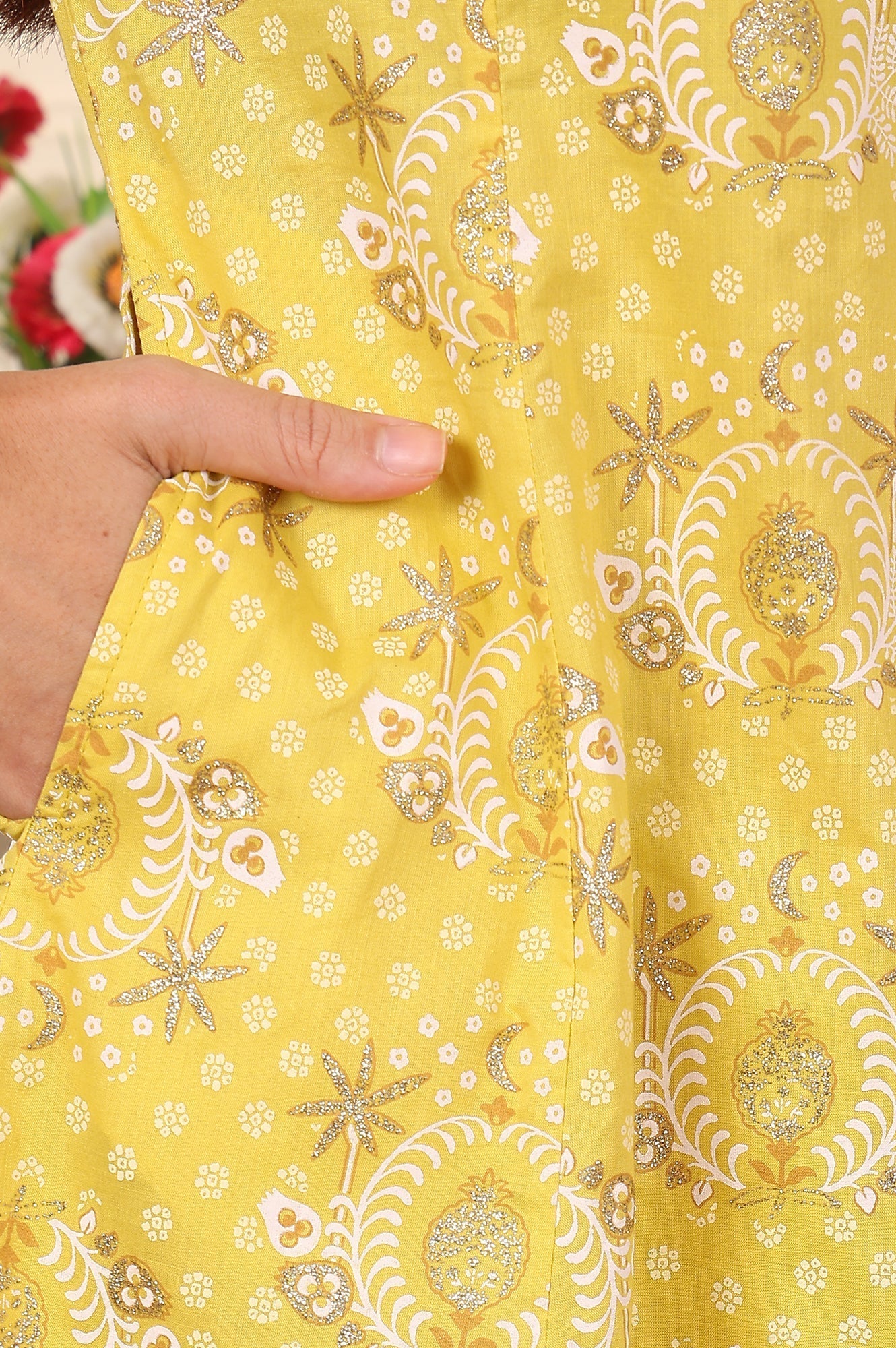W for Woman Custard Yellow Floral Printed Embroidered A-Line Pure Cotton Kurta And Pants Co-Ord Set