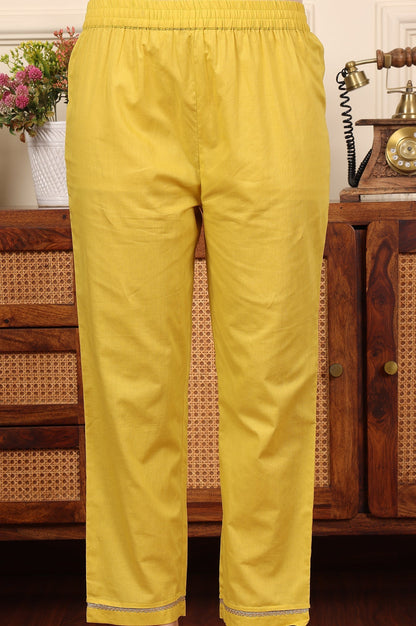 W for Woman Custard Yellow Floral Printed Embroidered A-Line Pure Cotton Kurta And Pants Co-Ord Set
