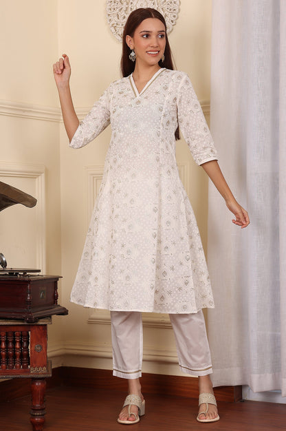 W for Woman White Floral Printed Embroidered A-Line Pure Cotton Kurta And Pants Co-Ord Set