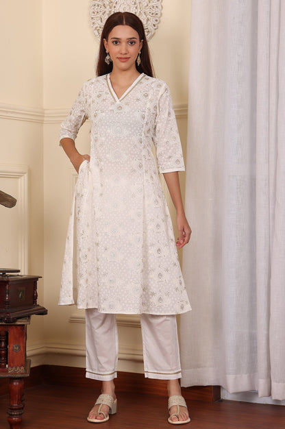 W for Woman White Floral Printed Embroidered A-Line Pure Cotton Kurta And Pants Co-Ord Set