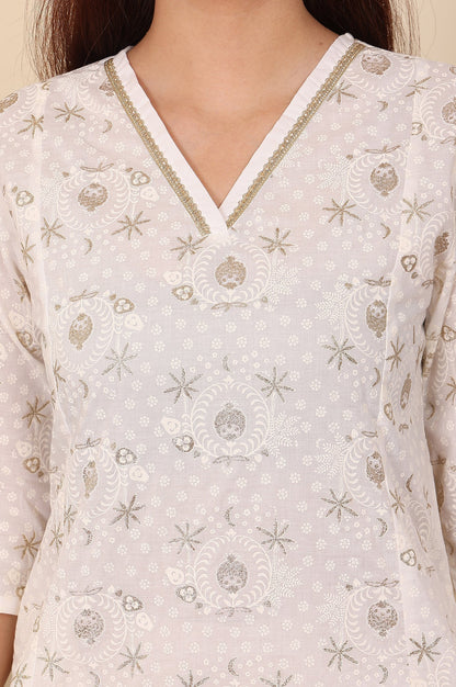 W for Woman White Floral Printed Embroidered A-Line Pure Cotton Kurta And Pants Co-Ord Set