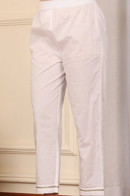 W for Woman White Floral Printed Embroidered A-Line Pure Cotton Kurta And Pants Co-Ord Set