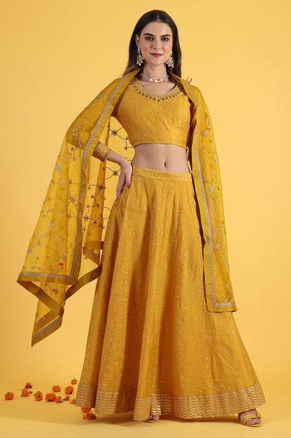 W for Woman Yellow Metallic Embroidery Crop Top & Skirt with Dupatta Set