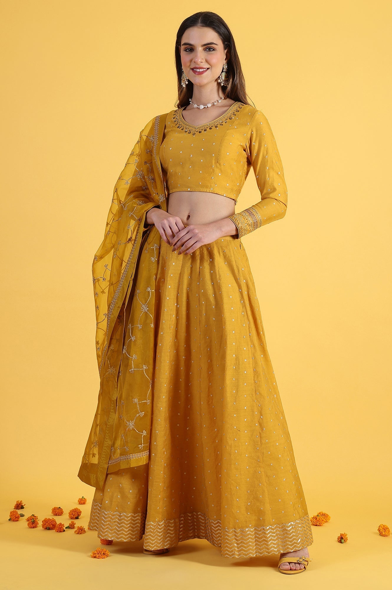 W for Woman Yellow Metallic Embroidery Crop Top & Skirt with Dupatta Set