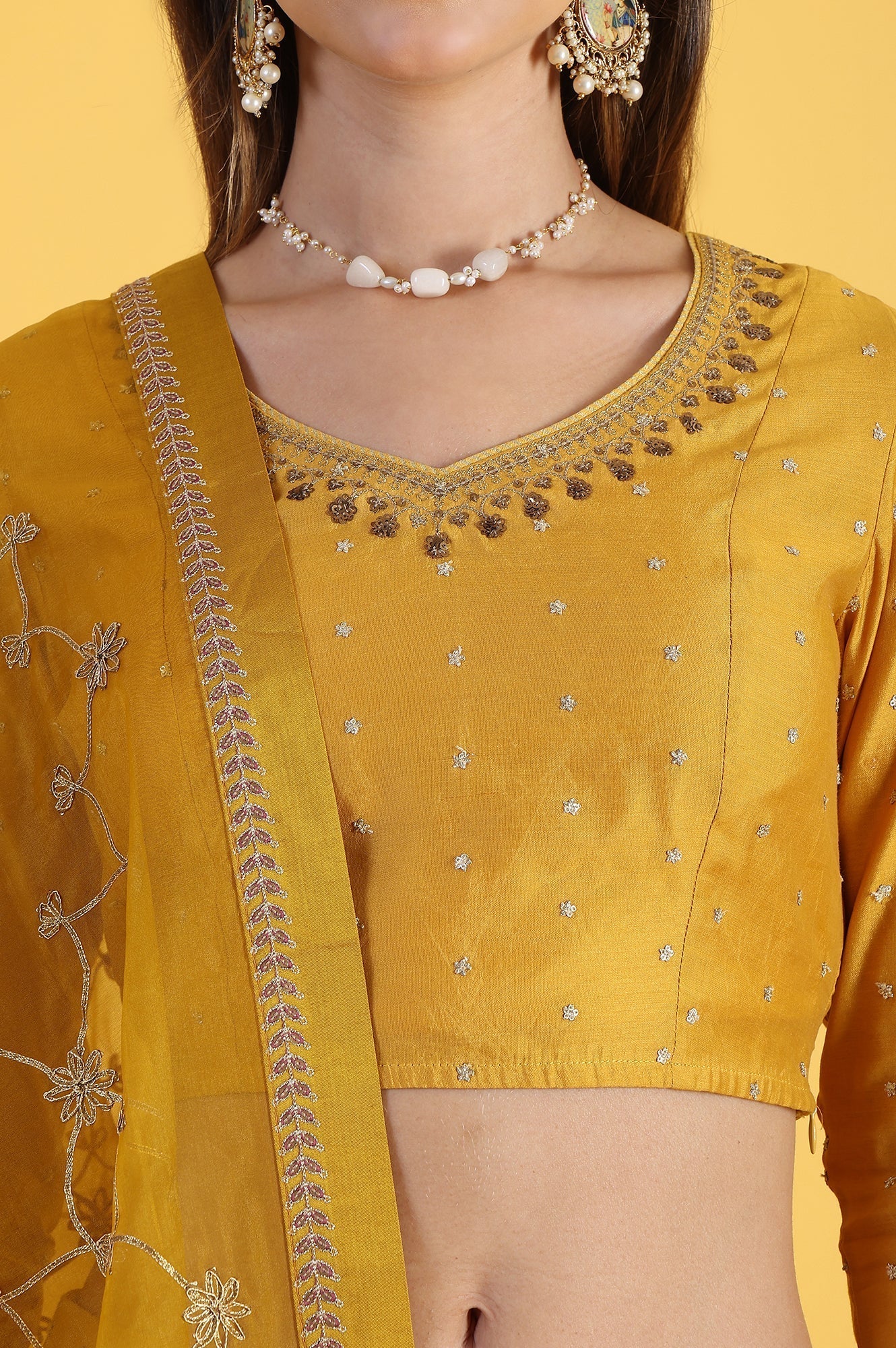 W for Woman Yellow Metallic Embroidery Crop Top & Skirt with Dupatta Set
