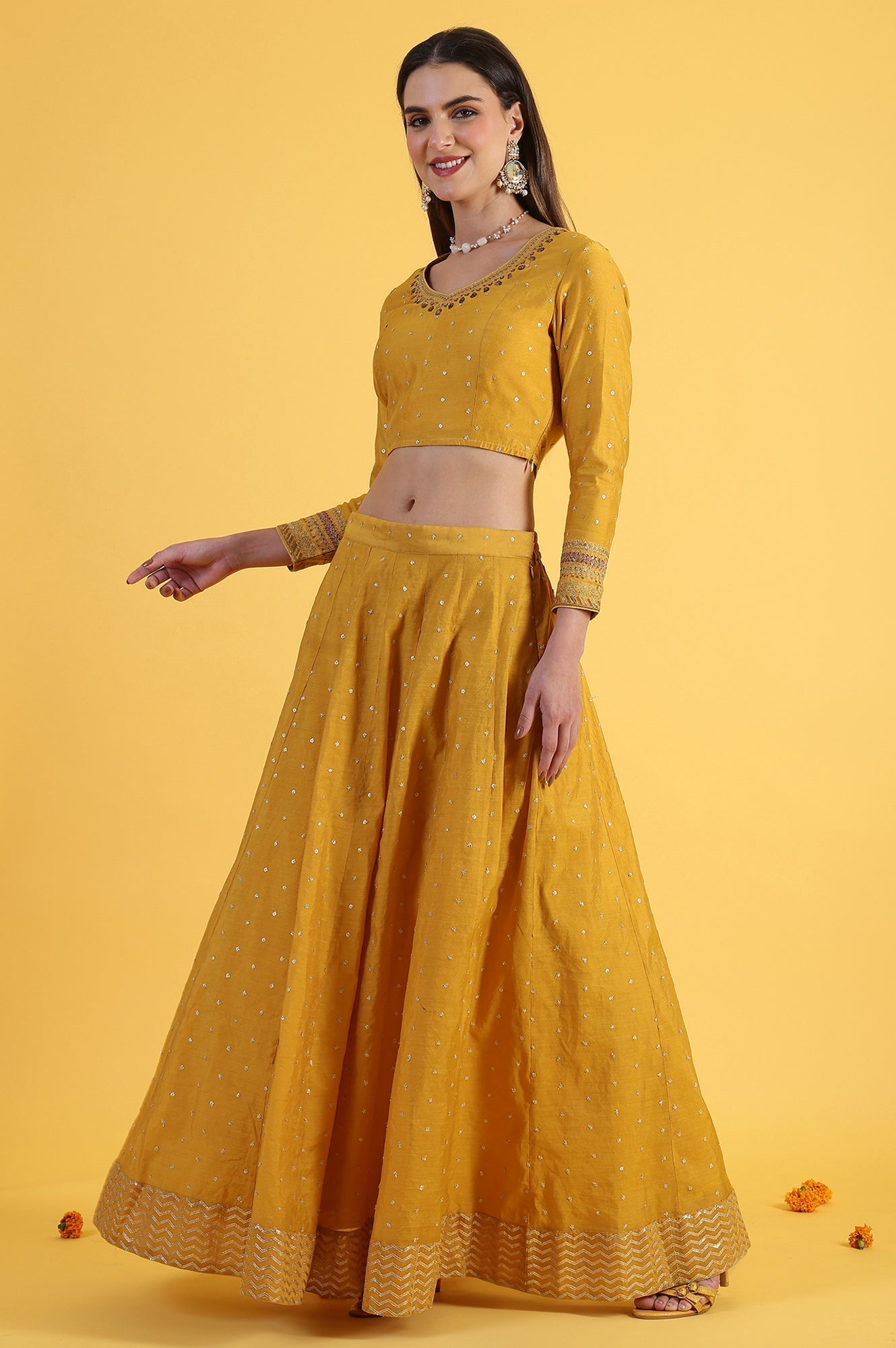 W for Woman Yellow Metallic Embroidery Crop Top & Skirt with Dupatta Set