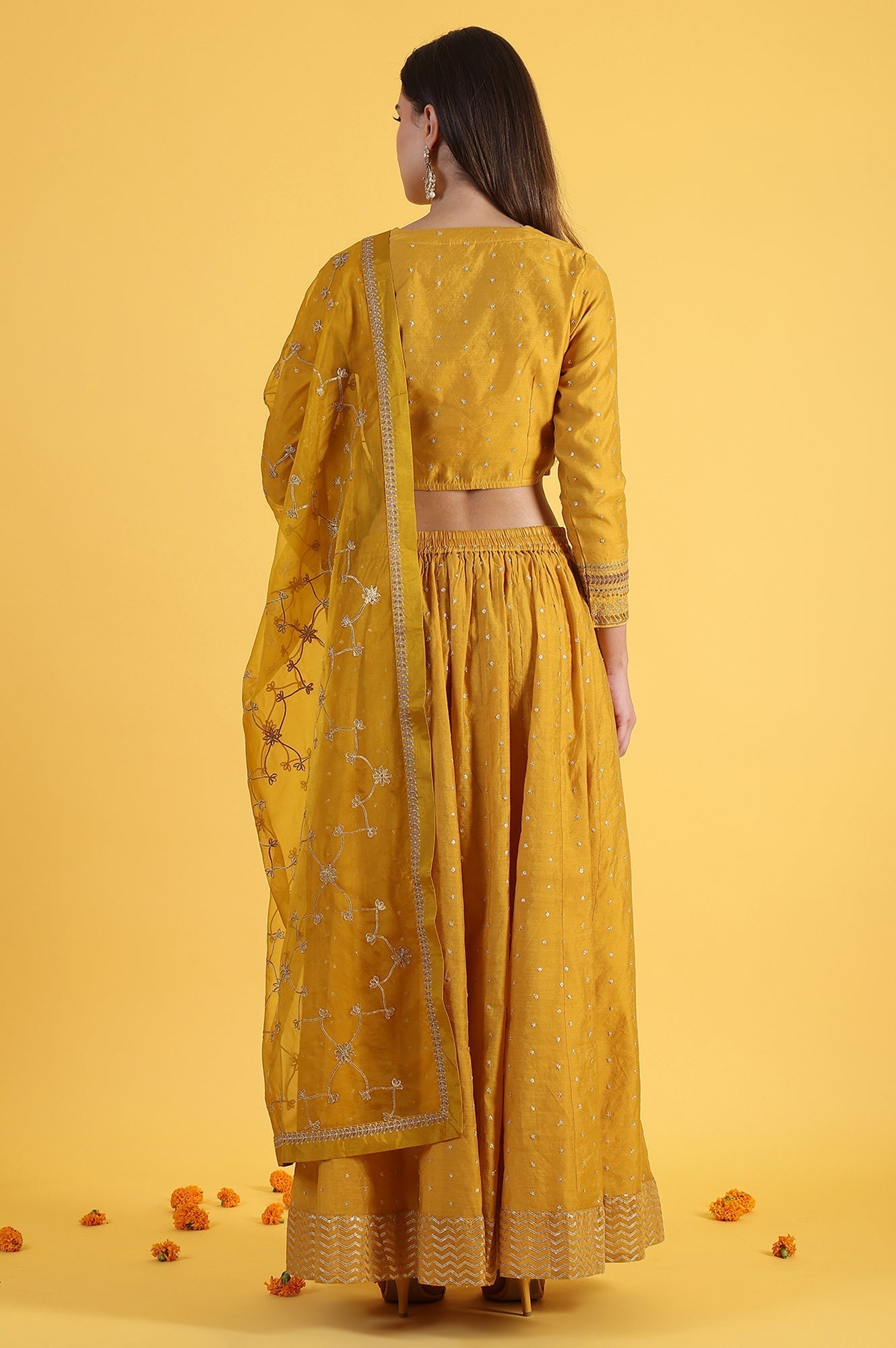 W for Woman Yellow Metallic Embroidery Crop Top & Skirt with Dupatta Set