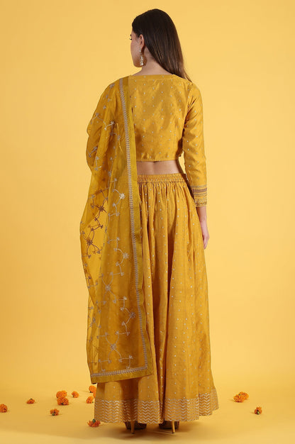 W for Woman Yellow Metallic Embroidery Crop Top & Skirt with Dupatta Set