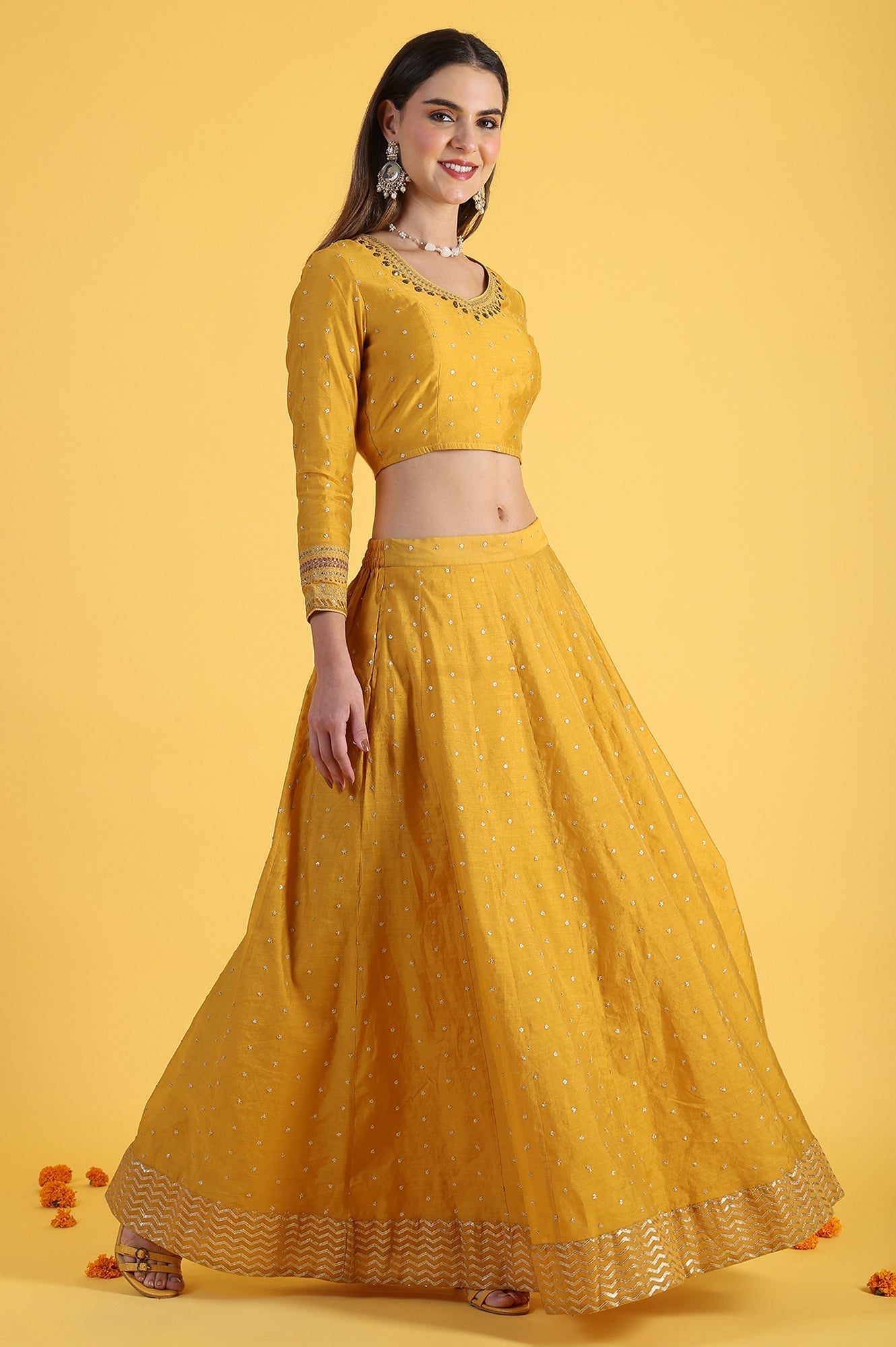 W for Woman Yellow Metallic Embroidery Crop Top & Skirt with Dupatta Set