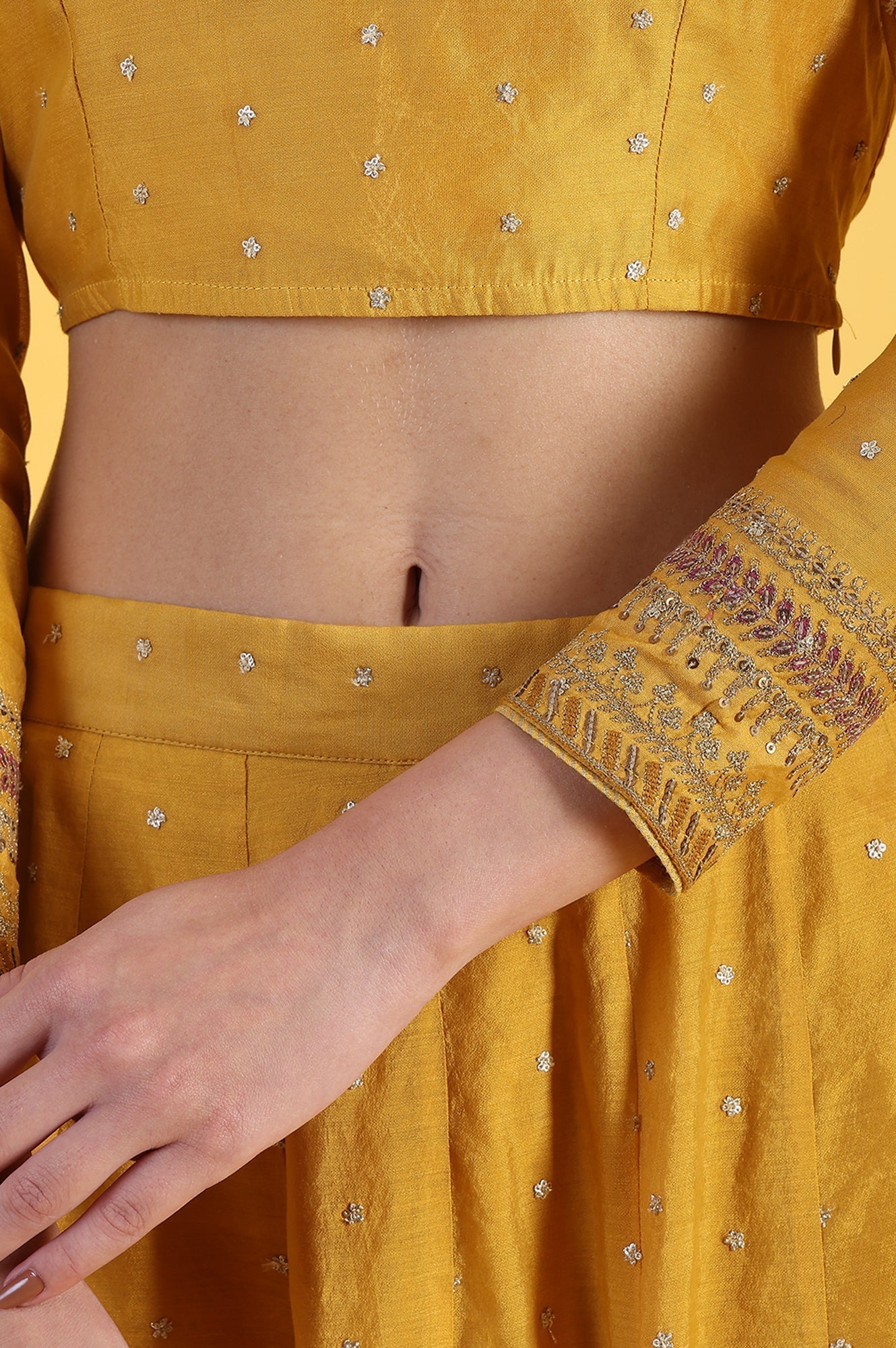W for Woman Yellow Metallic Embroidery Crop Top & Skirt with Dupatta Set