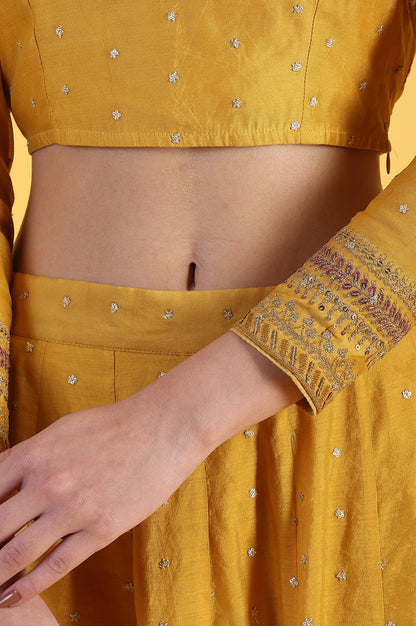 W for Woman Yellow Metallic Embroidery Crop Top & Skirt with Dupatta Set