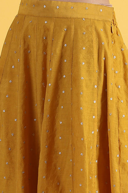 W for Woman Yellow Metallic Embroidery Crop Top & Skirt with Dupatta Set