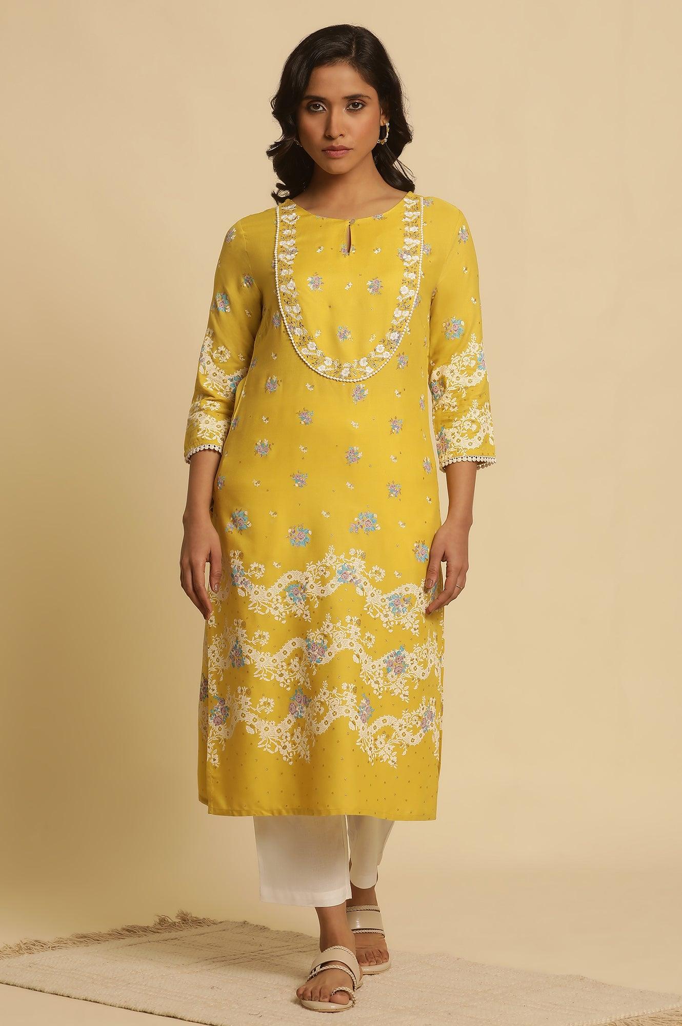 W for Woman Yellow Floral Printed Kurta With Embroidery