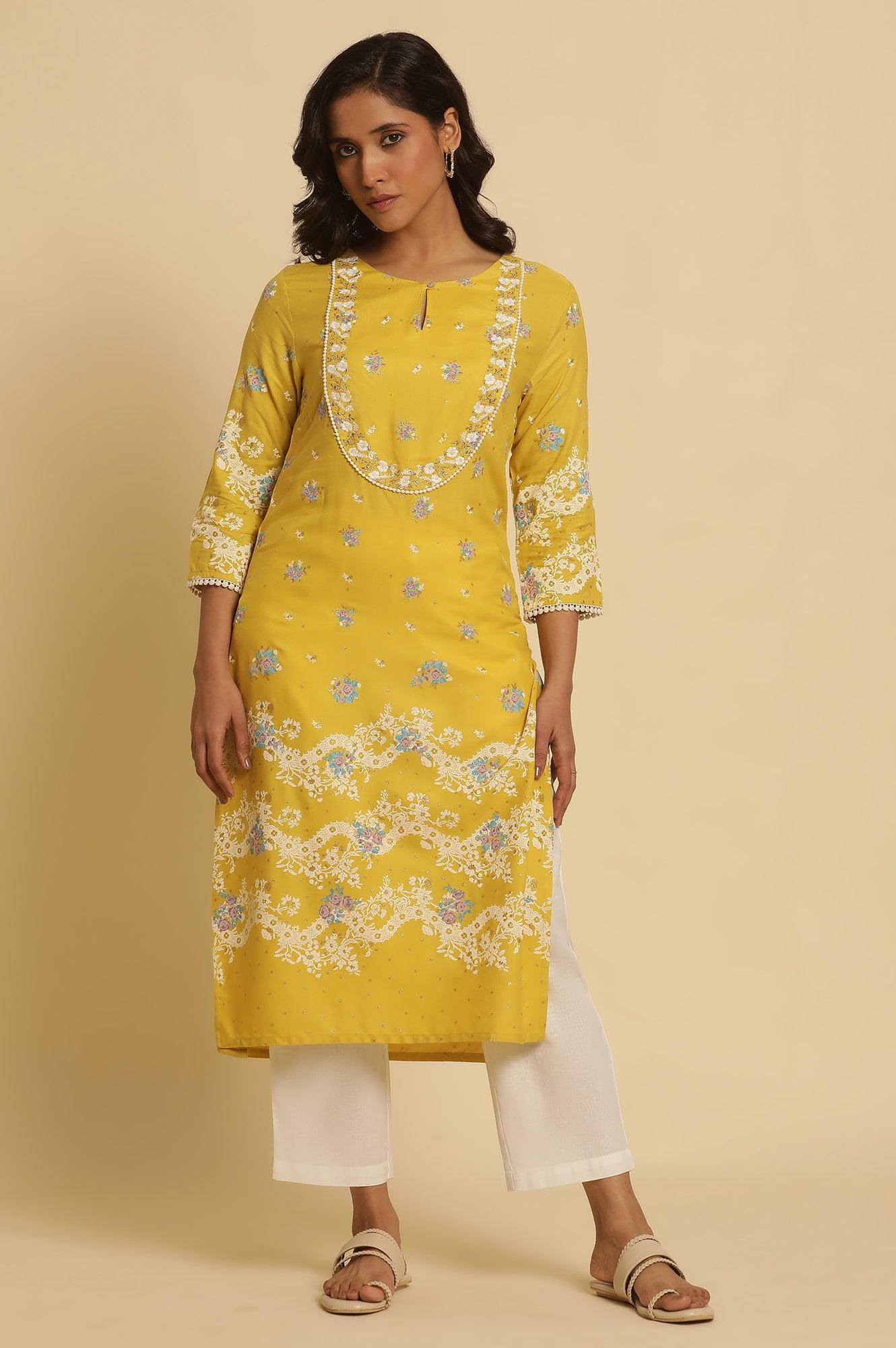 W for Woman Yellow Floral Printed Kurta With Embroidery