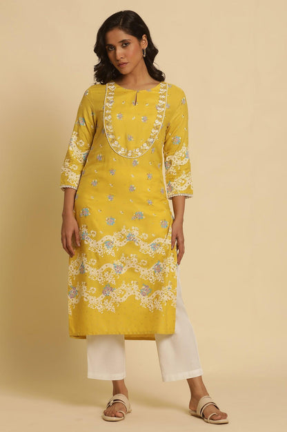 W for Woman Yellow Floral Printed Kurta With Embroidery