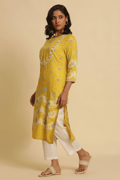 W for Woman Yellow Floral Printed Kurta With Embroidery