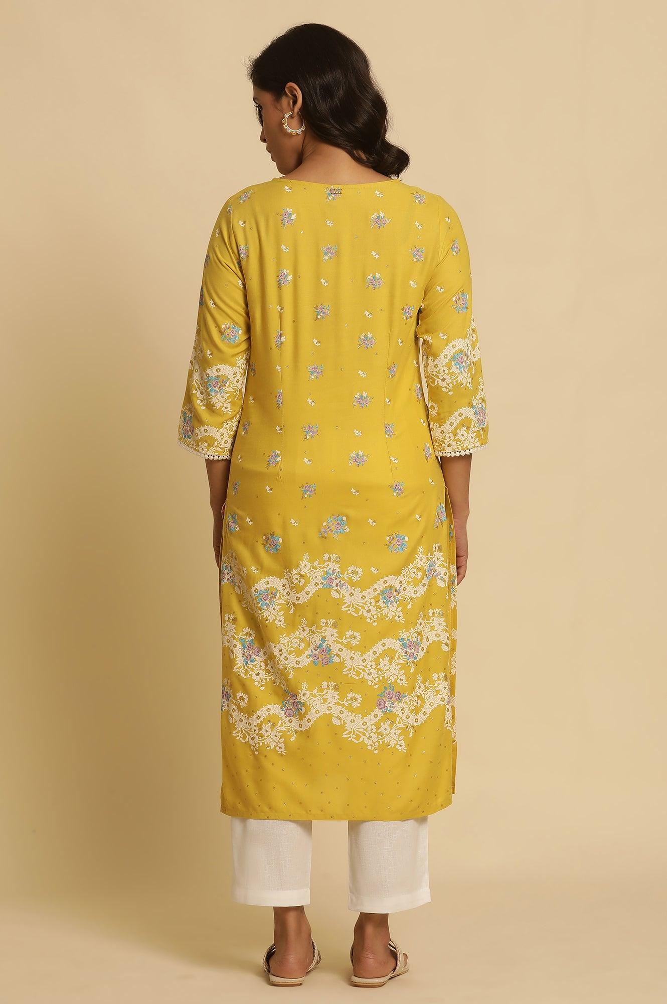 W for Woman Yellow Floral Printed Kurta With Embroidery