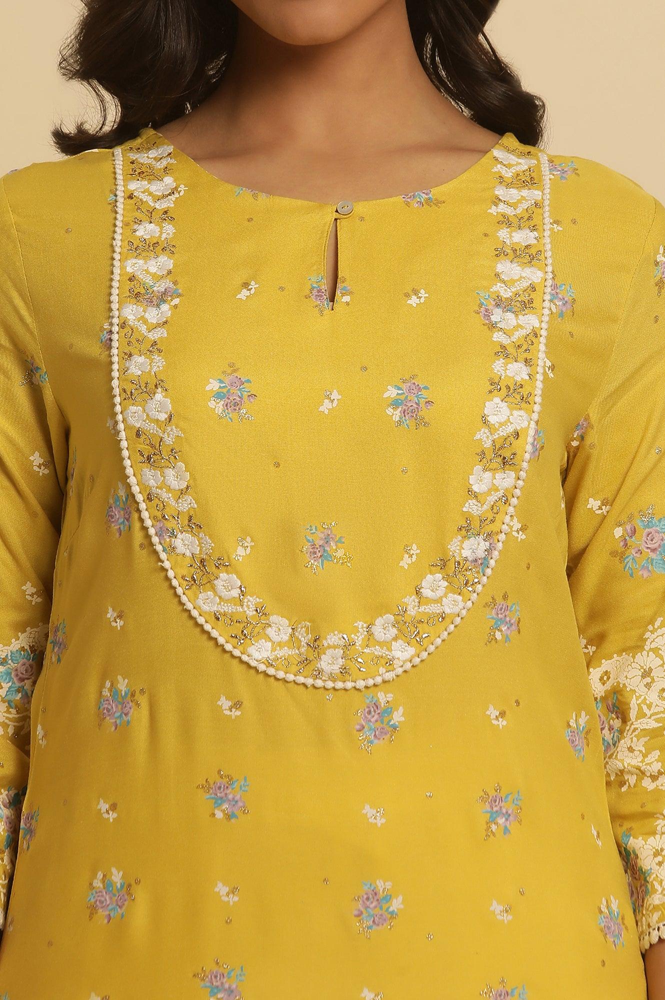 W for Woman Yellow Floral Printed Kurta With Embroidery