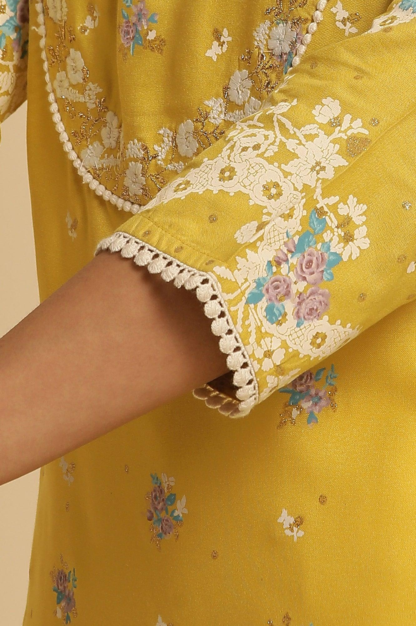 W for Woman Yellow Floral Printed Kurta With Embroidery