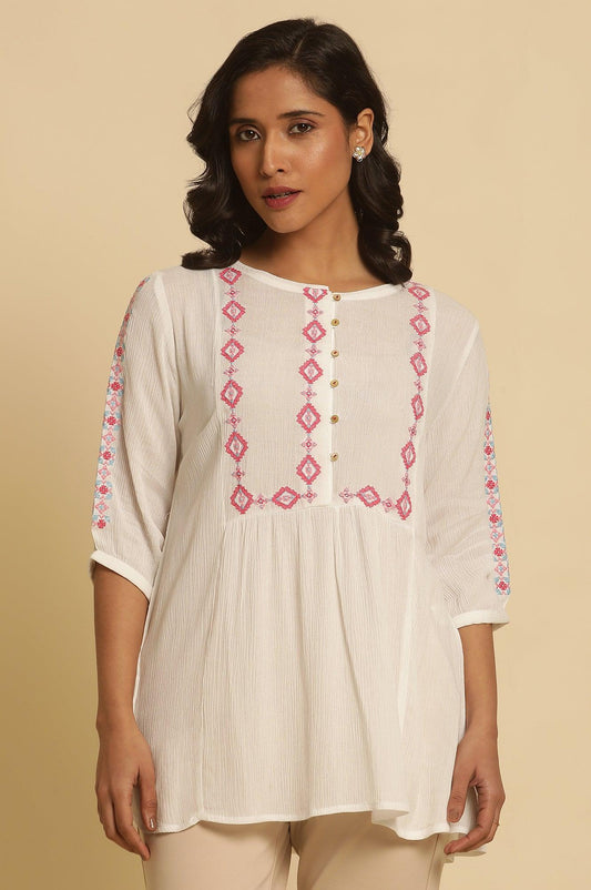 W for Woman White Solid Top With Thread Embroidery