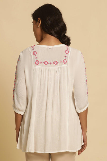 W for Woman White Solid Top With Thread Embroidery