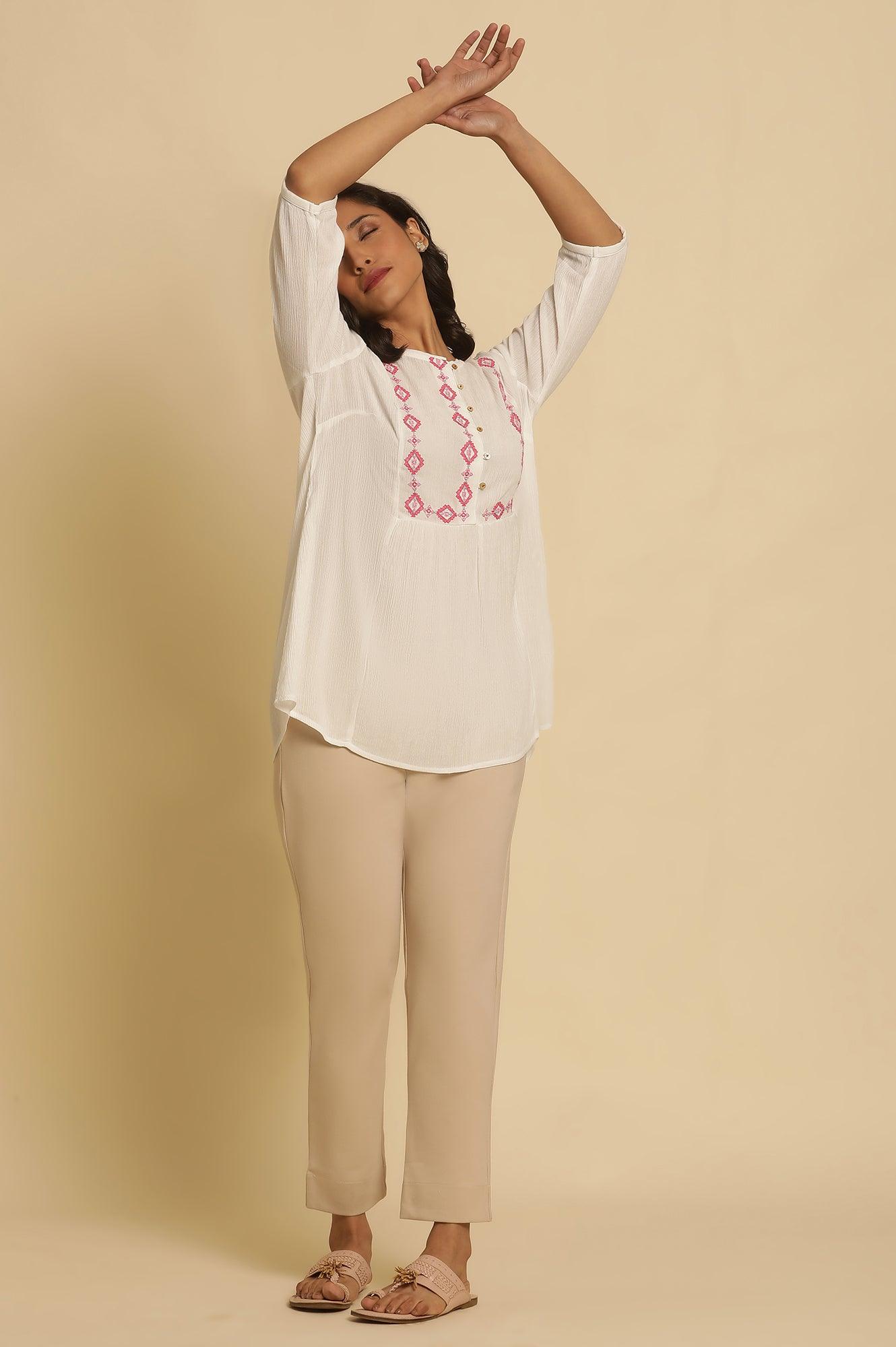 W for Woman White Solid Top With Thread Embroidery