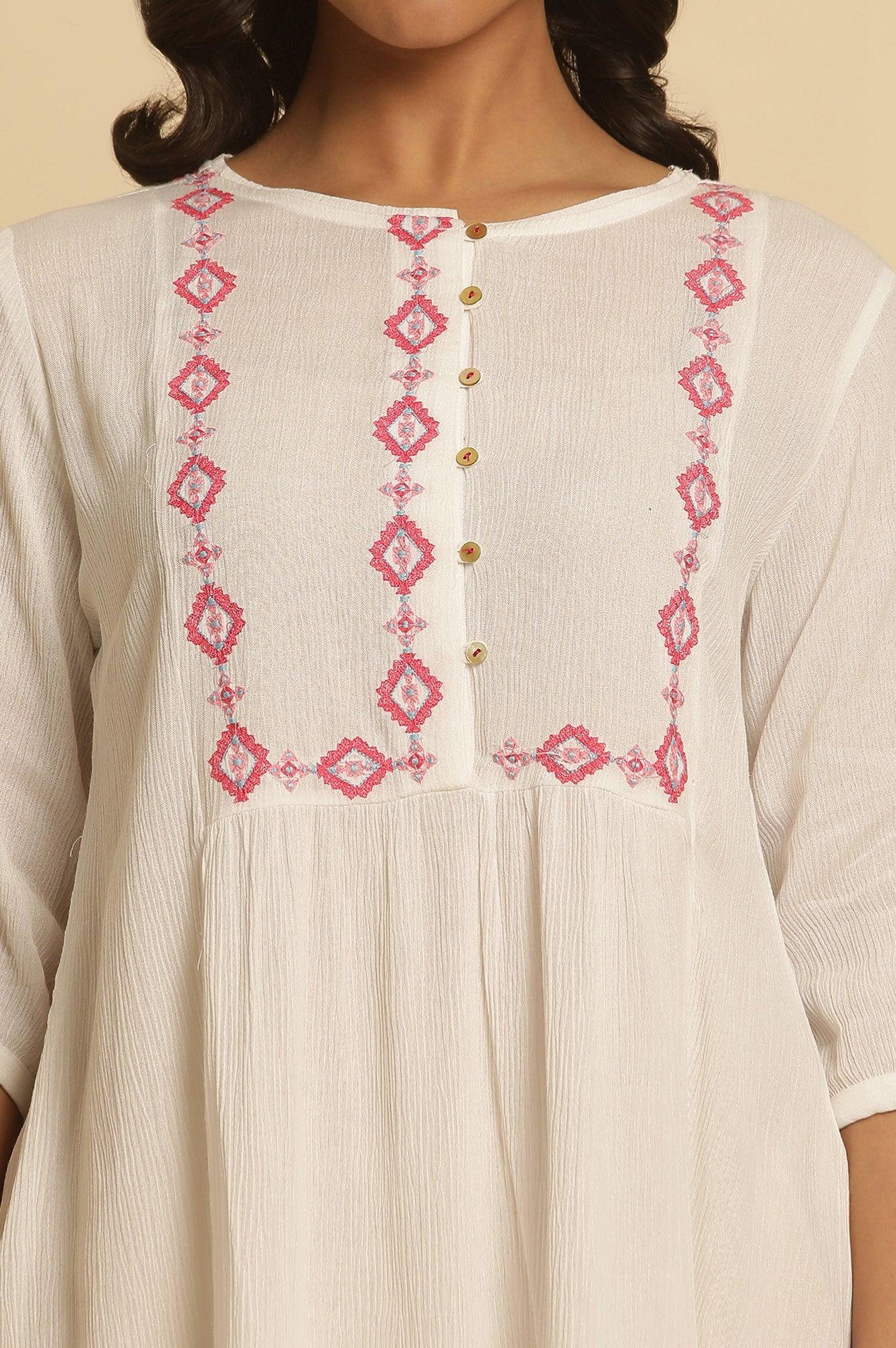 W for Woman White Solid Top With Thread Embroidery