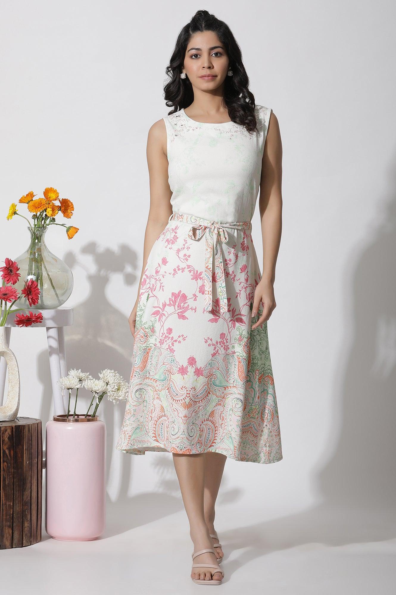 W for Woman White Textured Crepe Dress In Multi-Coloured Print