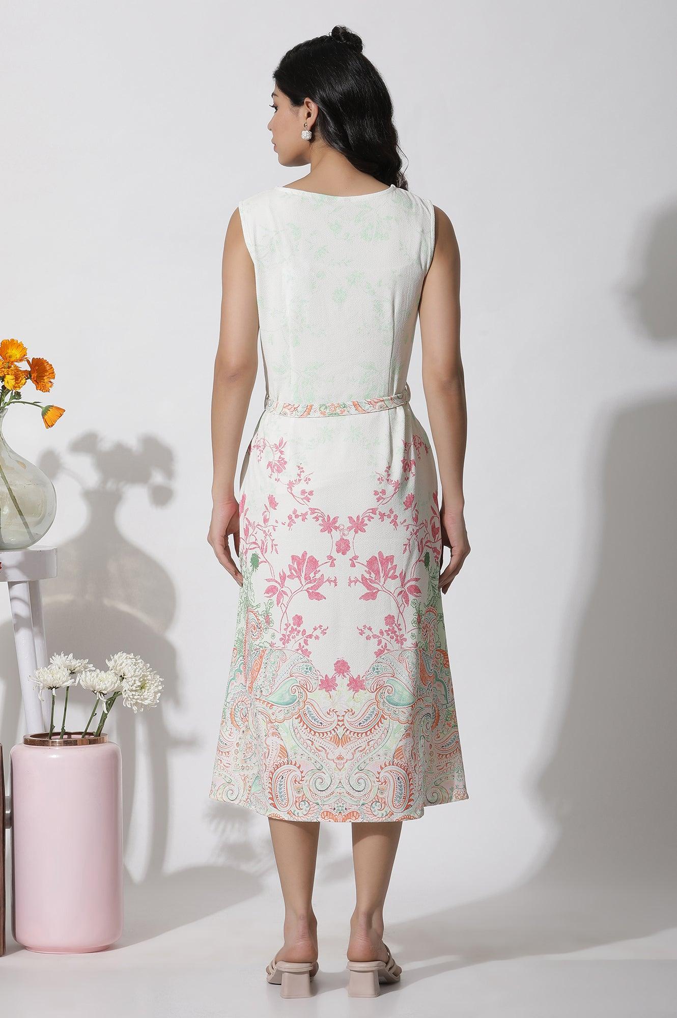 W for Woman White Textured Crepe Dress In Multi-Coloured Print