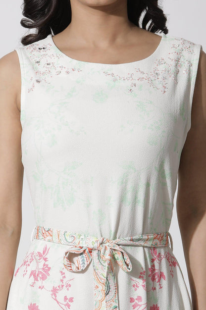 W for Woman White Textured Crepe Dress In Multi-Coloured Print