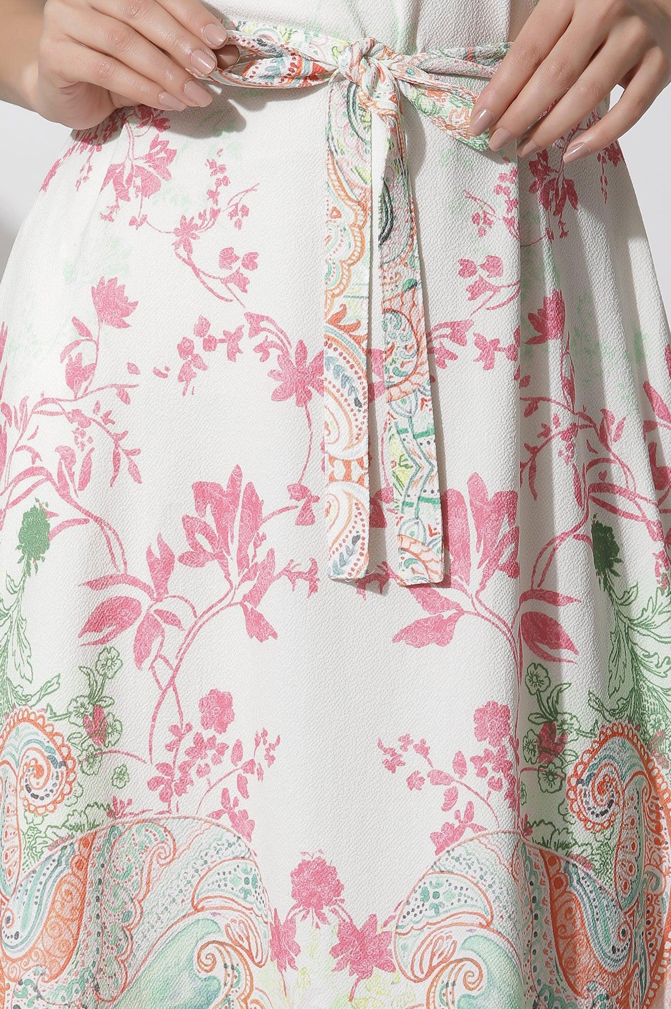 W for Woman White Textured Crepe Dress In Multi-Coloured Print